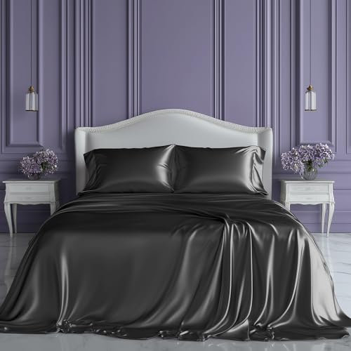 SLEEP SANCTUARY Satin Sheets Full Size – 4 Piece Luxury Silky Bed Set, Softer Than Silk, 15 Deep Pocket, Cooling & Wrinkle-Free, Moisture-Wicking & Breathable for Hair & Skin (Stone Grey)