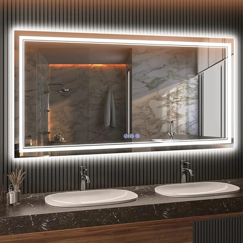 baklon Badspiegel mit Beleuchtung 150x70 cm, LED-Badezimmerspiegel mit Touch-Schalter, Antibeschlag, 3 stufenlos dimmbare Lichtfarben, IP65, HD-Hartglas, Doppelter Lichtring