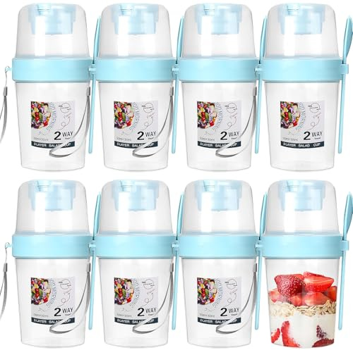 8 Pack Plastic Yogurt Pots with Lids, Reusable Overnight Oats Container | 800 ml, Food-grade Plastic, Airtight, Double-Layer Clear Cereal Storage Cup with Spoon for Breakfast Fruit Milk Smoothie