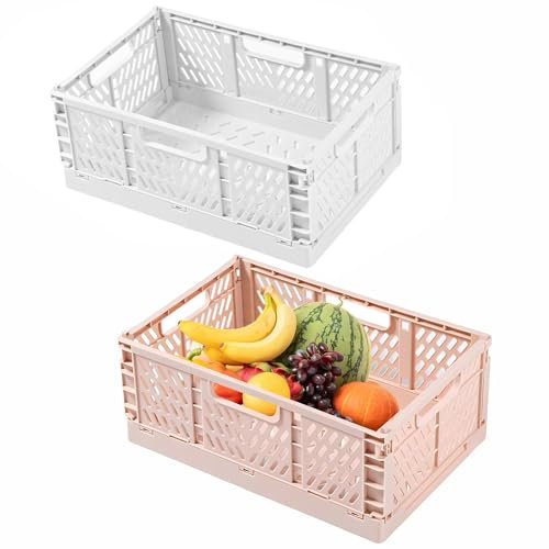 UOSIWYA Collapsible Storage Box, 2 PCS Folding Crate Stackable Storage Boxes Plastic Storage Basket Stacking Storage Boxes Desktop Basket Organiser for Office Kitchen Bathroom 30*20*12.5cm