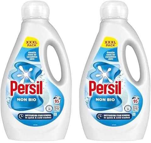 Persil Non Bio Laundry Washing Liquid Detergent outstanding stain removal in quick & cold washes tough on stains, gentle next to sensitive skin 95 washes (2.565 L) (Pack of 2)