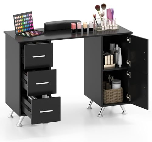 RELAX4LIFE Tavolo da Manicure, Stazione da Lavoro in Legno con 3 Cassetti, 2 Armadietti, Poggiapolsi Rimovibile, Gambe in Metallo, Postazione per Tecnici delle Unghie, Spa, Salone di Bellezza (Nero)
