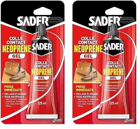 Sader Colle Contact Néoprène Gel – Colle Extra Forte Tous Matériaux – Prise Immédiate – Idéale pour Supports Poreux ou Verticaux – Transparente – Tube 125 ml, Ambré (Lot de 2)