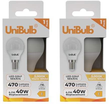 Unibulb E14 LED Light Bulb, Small Edison Screw (SES) 4.2W 470lm, Replaces 40W, Warm White 3000K, Golf Ball Bulb (P45), Energy Saving LED, 220-240V, Non-Dimmable, 25yr lifespan (2)