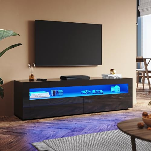 SUNXURY Meuble TV brillant de 160 cm avec éclairage LED - 160 x 40 x 45 cm (l x p x h) - Meuble TV moderne en bois noir