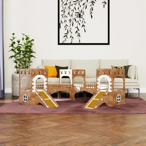 Towers Kaninchenburg aus Holz?– 3?verbundene Türme mit Brücken & Treppen, 2?Etagen?– Spiel??und Versteckhaus für Kaninchen & Kleintiere?– 3?mm MDF, zerlegbar, 55?cm hoch (Eiche-weiß, N)