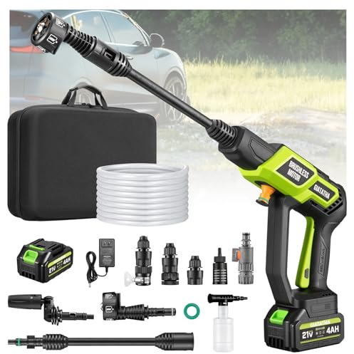 Cordless Pressure Washer, 1200PSI Brushless Motor Portable Pressure Washer with 4.0Ah Battery and Charger,6-in-1 Nozzle and 180°Rotating Nozzle, Clean Cars, Patio Furniture,Outdoor (1 Battery)