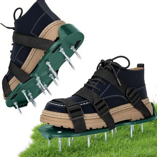 Griwuut Zapatos aireadores de césped con correas dobles en el empeine, sandalias de aireación con pinchos resistentes, aireación eficaz, tamaño universal, premontadas para césped, patio, jardín