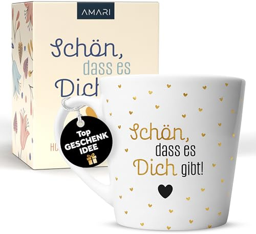 Amari ® Tasse – „Schön, DASS es Dich gibt“ – Geschenkidee für Freunde & Familie – Dankeschön Kaffeebecher – Premium Keramiktasse 325 ml – Spülmaschinenfest