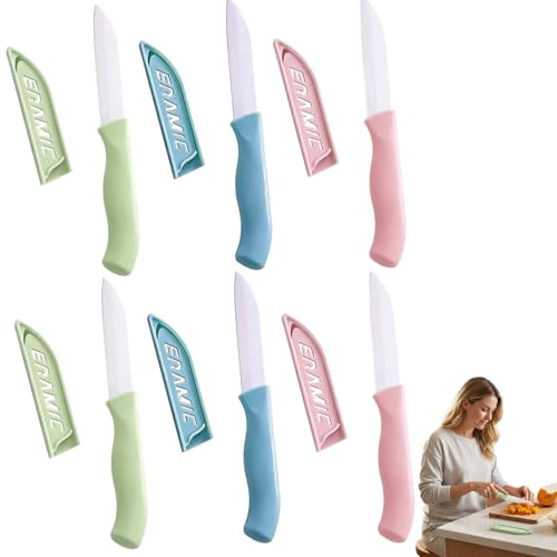 Ensemble de 6 Couteaux de Cuisine en Céramique Résistante, Lames Ultra-Tranchantes de 80 mm avec Étuis de Protection, Poignée Ergonomique, Parfaits pour Fruits, Légumes, Sécurité et Hygiène Optimales