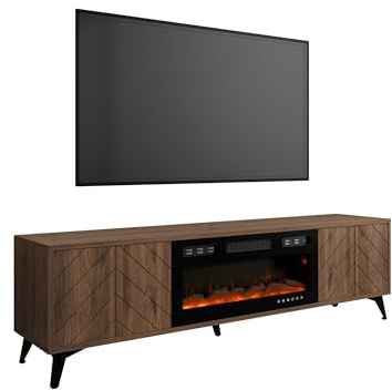 Mirjan24 TV Lowboard Xylix Bis 2D EF mit Elektrischem Kamin, Fernsehschrank, Fernsehtisch, Unterschrank, Realistische LED-Flamme, Board, Schrank, TV-Bank (Eiche Okapi.)