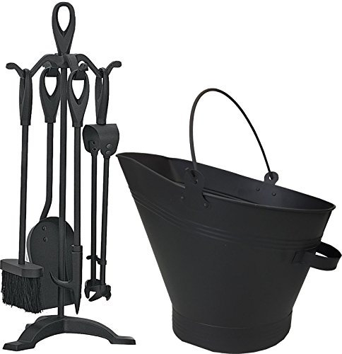 Simpa® Black Waterloo Bucket Coal Log Fire Ash Scuttle Hod Fireside with 5 Piece Cast Iron Companion Set