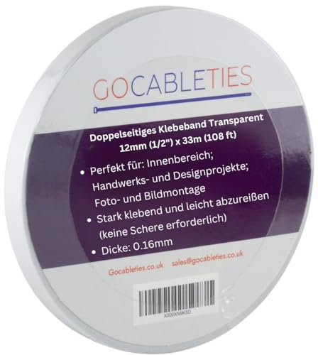 GOCABLETIES Cinta adhesiva de doble resistente cara, 33 m x 12 mm, color blanco, 1 Rollo