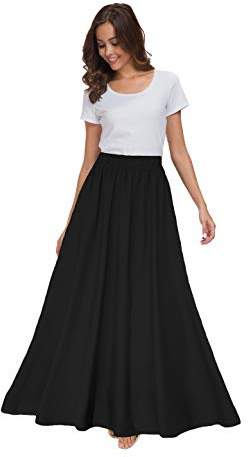 Sinono Womens Chiffon Retro Maxi Skirt Vintage Ankle-Length Skirts (Large, Black)