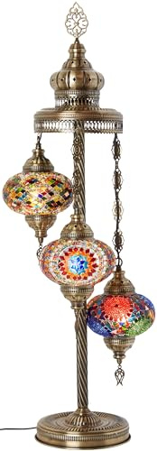 DEMMEX Turkish Moroccan Mosaic Floor & Table Lamp, 37 (95cm) Tall, Handmade Boho Tiffany-Style Light with 3 Large 7 Globes, Artisan Decor, Antique Brass Finish, North American Use (Multicolors)