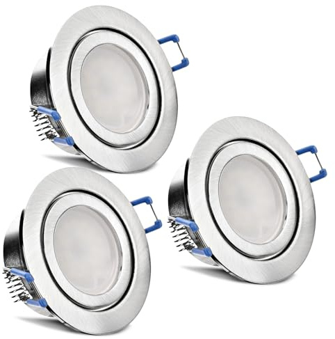 trendlights24 Mare LED Decken Einbaustrahler IP44 flach dimmbar 5W 3er Set | Edelstahl Optik gebürstet, rund, ultra flach, Einbautiefe 35 mm, 230V, Spots, Warmweiß, 3000k, Feuchtraum, Bad, außen
