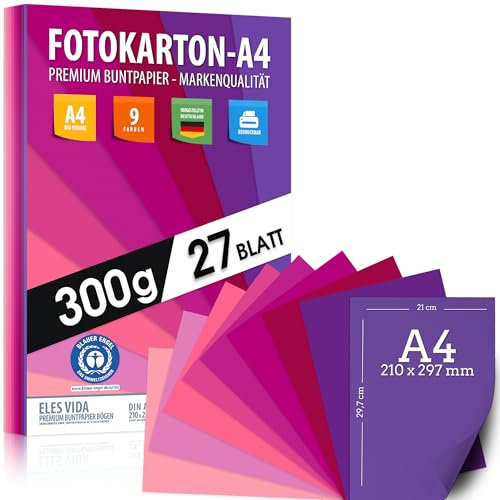 Magenta Farben FOTOKARTON A4 27 Stück Purpur - 300g Blätter – Bastel Papier - Blau, Lila, Pink, Violett, Pappe zum Basteln, Zeichenkarton - BLAUER ENGEL zertifiziert - MADE IN GERMANY