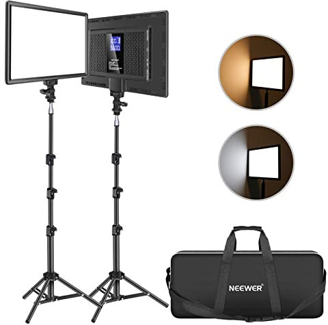 Neewer 13 Led Video Light Panel Kit, 2 Pack Dimmable Bi Color Soft Key Lighting with Tripod Stand, 8000mAh Battery, 3200~5600K CRI97+ 2400Lux for Game/Streaming/YouTube Recording/Studio Photography