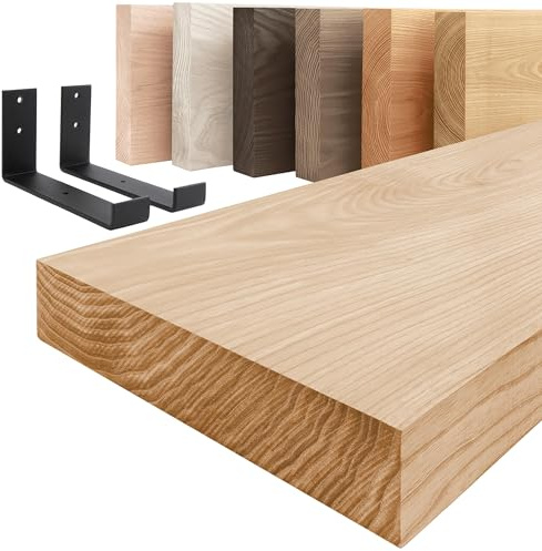 LAMO Manufaktur Holzregal mit schwarzen J-förmigen Halterungen | Wand Regal 120 cm breit für Wohnzimmer, Arbeitszimmer im Industrial-Stil | Farbe: Natur, Kante: gerade | Massivholz, Vintage-Charakter
