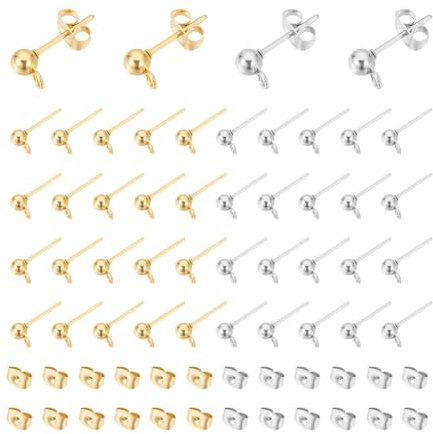 UNICRAFTALE 80pcs 2 Color 304 Pendientes de Bola de Acero Inoxidable con Tuercas de Oreja Pendientes de Perno con Bucle Poste de Pendiente de Bola para Bricolaje Pin de Fabricación de Aretes de 0.8 mm