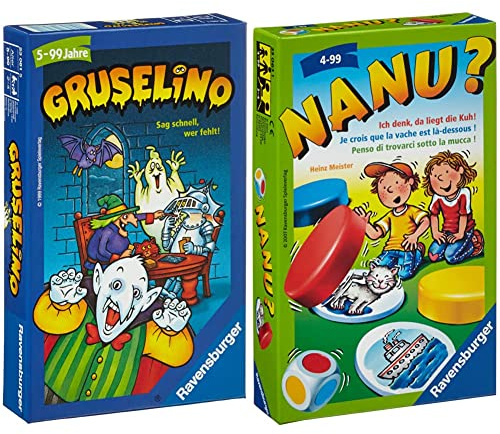 Ravensburger 23081 - Gruselino, Mitbringspiel für 2-4 Spieler & 23063 - Nanu? Mitbringspiel für 2-4 Spieler, Merkspiel ab 4 Jahren, kompaktes Format, Reisespiel, Würfelspiel
