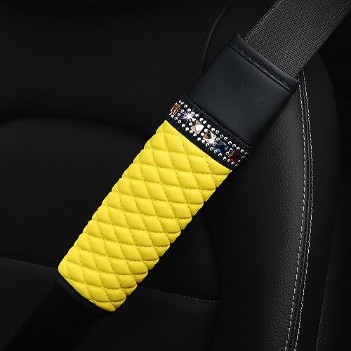 1 almohadilla para cinturón de coche, piel sintética y cristal con purpurina, acolchado para cinturón de seguridad, acolchado para cinturón de seguridad en el coche, color amarillo