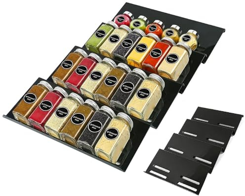 Qivine 4Pcs Spice Rack for Inside Cupboard, Acrylic Spice Organiser, Adjustable Spice Drawer Organiser, Expandable from 30cm to 60cm Seasoning Storage for Kitchen Drawers Countertop Cupboard Black