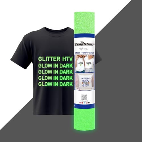 TECKWRAP HTV Glitzer-Wärmetransfer-Vinyl-Rolle, leuchtet im Dunkeln, 25,4 cm x 1,5 m, für DIY-Kleidung, T-Shirts, Stoff, leuchtender Glitzer, zum Aufbügeln, Vinyl, kompatibel mit Heißpressen,