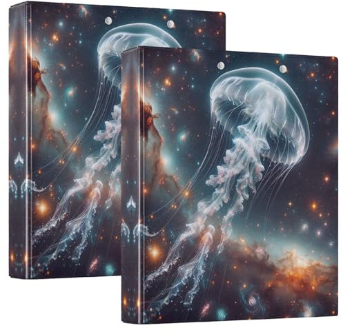 Galaxy Quallen-Ordner mit 3 Ringen, 3,8 cm, mit rutschfestem Metallclip, dekoratives süßes Drei-Ringbuch, Notizbuch für Schulbedarf, 2 Stück
