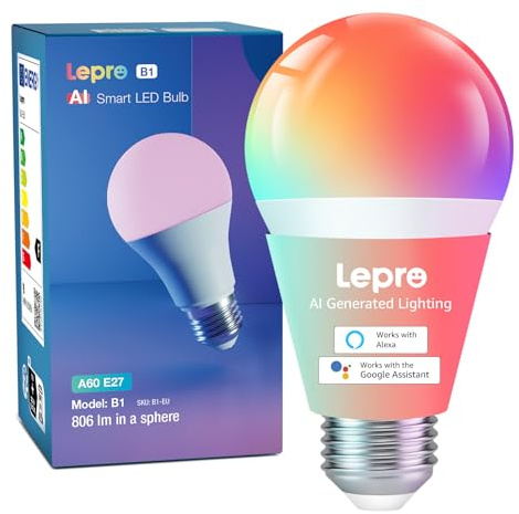 Lepro AI E27 Smart Bulb, 8.5W 806lm RGB Screw Bulb, Colours Changing, Tunable White 2700K-5700K, App & Voice Control, Dimmable, Music Sync, Schedule, Energy Saving, Works with Alexa & Google Home