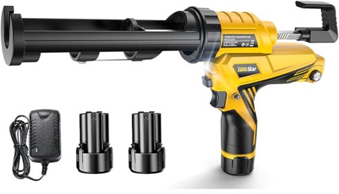 TaskStar Kartuschenpresse Akku, Elektrische Kartuschenpresse mit LED-Licht, 12V Akku-Silikonpistole mit 2 x 2,0Ah Akku, Tropffreie Silikonspritze Akku zum Füllen und Abdichten