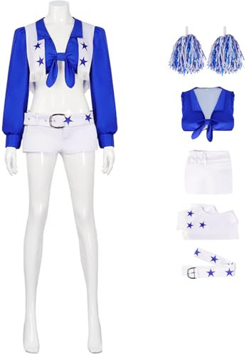Windskids Cowboys Cheerleader mit Pompons Kostüm Damen Cosplay Star Football High School Weiß Sexy Cowboys Cheerleading Uniform Anzug für Halloween Karneval Party Maskerade Performance Verkleidung
