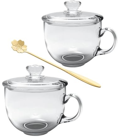 Tazze da caffè in vetro con coperchio, tazze da caffè trasparenti con cucchiaio, set di bicchieri per bar, 425,2 g, bicchiere per cappuccino, bevande calde e fredde, 2 pezzi