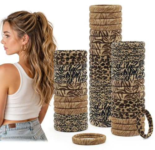 Dreamlover Gomas de Pelo con Estampado de Leopardo, 50 Piezas Coleteros Pelo Mujer, Gomas Antirotura de Pelo, Elástico Cabello, Gomillas Pelo Mujer Fuerte