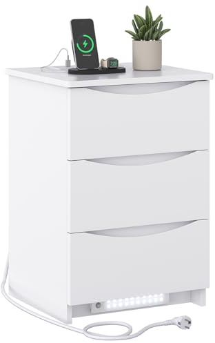 Brinlawb Nachttisch mit LED-Beleuchtung und Ladestation (2 AC-Steckdosen & 2 USB-Anschlüsse), Nachtschrank mit 3 Schubladen Beistelltisch Sofatisch für Schlafzimmer, Wohnzimmer, Einfache Montage, Weiß