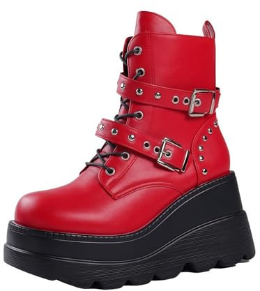 FQLGJMY Women's Gothic Chunky Platform Wedges Ankle Boots with Chain Heart Rivet Punk Mid-Calf Motorcycle Boots Round Toe Zipper Wedges High Heels Rave Buckle Thick Sole Knight Booties