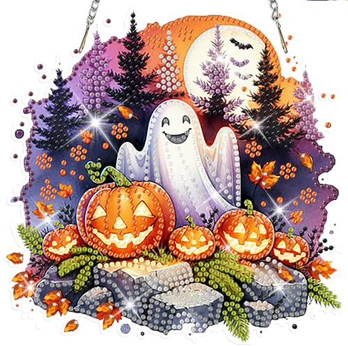 MISCER Halloween Diamond painting Hängende Ornament Kit, Geist DIY Doppelseitig Diamant Malerei Fensterbilder Anhänger, Diamant Kunst Anhänger Kit für Kinder Erwachsene Tür-oder Fenster Wand Deko