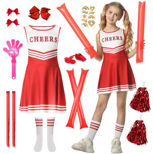 JONRRYIN Vestito Carnevale Cheerleader Bambina, Cheerleader Costume Bambina, Uniforme Cheerleader Ragazze con Pompon, Calzini, Accessori per Carnevale Evento Sportivo Fancy Dress Up (Rosso, 130)
