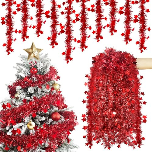 SHEPIN 10 x 2M Weihnachtsgirlande Lametta Girlande mit Sternen, Weihnachtsbaum Girlande Weihnachten Lametta Rot, Christmas Garland Aussen Baumkette Baumschmuck Deko Rot Christbaumgirlanden