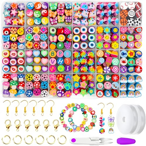 BOZILY Armbänder selber machen,480 Clay Perlen Set mit 24 Motiven+Schere,Schnur & Zubehör–Komplettset für DIY Armbänder,Ohrringe & Geschenke,Für Kinder geeignet freundschaftsarmbänder selber machen