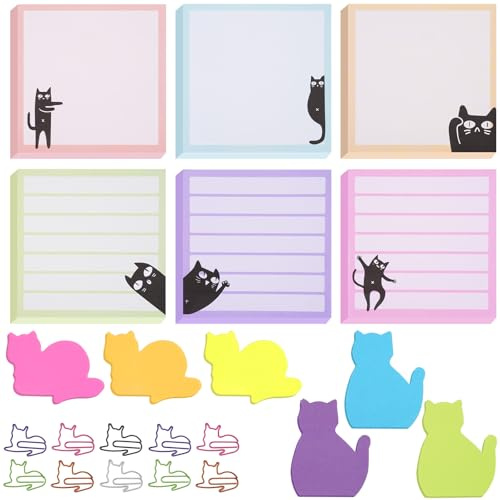 Woonyee 6 Blöcke Katze Haftnotizen Set, Bunte Sticky Notes Klebezettel mit Katzen-Design, Super Sticky für Büro und Schule, Geschenk für Katzenliebhaber, 76x76 mm