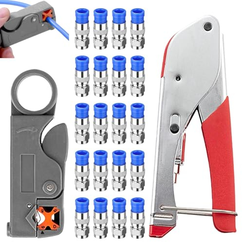 Pince à sertir - Kit de pince à dénuder - Kit de pince à compression pour câble satellite, câble coaxial RG6/RG59 - Avec 20 fiches F, câble TV RG6, adaptateur, accessoires de connexion TV - Pince à
