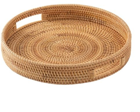Plateau de service en rotin tissé à la main avec poignées intégrées, panier de rangement rond en osier naturel pour cuisine, décoration de ferme, pique-nique, nourriture ou boissons (35 cm)
