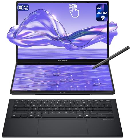 ASUS Zenbook Duo Dual Laptop, Intel Ultra 9-285H, RAM LPDDR5X da 32 GB, SSD PCIe da 4 TB, touchscreen OLED da 14 (2880 x 1800), grafica Intel Arc, tastiera retroilluminata, W11 Pro, Inkwell Gray