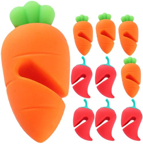Luxshiny 10pcs Silicone Pot Lid Spill Stoppers with Lovely Carrot Chili Boil Lifters, Heat Resistant Kitchen Spill-Proof Lid Risers for Home Cooking and Pan Boil Safeguard