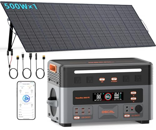 OSCAL PowerMax 3600PE Tragbar Powerstation mit 1 * 500W Solarpanel | 2016Wh LiFePO4 Akku | 3600W Notstromaggregat für haus| Solargenerator für Zuhause, Camping, Wohnmobil und Notfälle