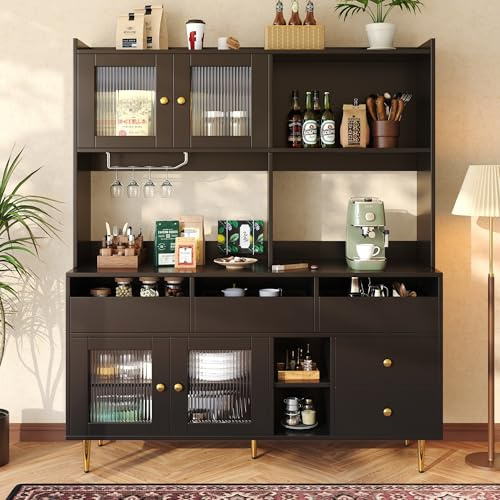 Hmdpoo Armario Alto de Comedor, MDF con Puertas de Vidrio Changhong, Vinoteca Integrada, Negro con Decoración Dorada, 145x39x171 cm