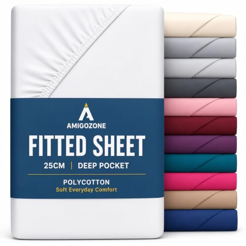 AmigoZone Non Iron Pollycotton Percal Quality Plain Fitted Sheet Or Pillow Cases(Single, White)