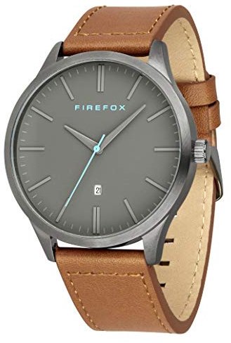 FIREFOX Herren- Armbanduhr XCHANGE analog Quarz Edelstahl Titan-grau Lederarmband braun Zifferblatt grau Datumsanzeige 5 ATM wasserdicht FFPL01-120