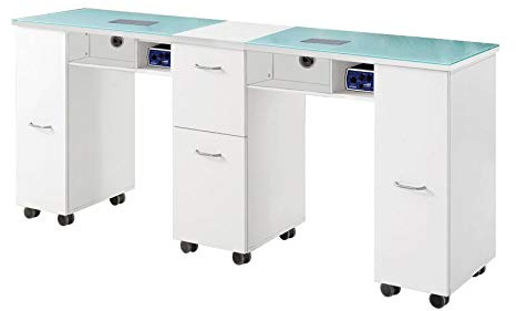 Glass double manicure table nail station desk beauty salon work station 2 fan